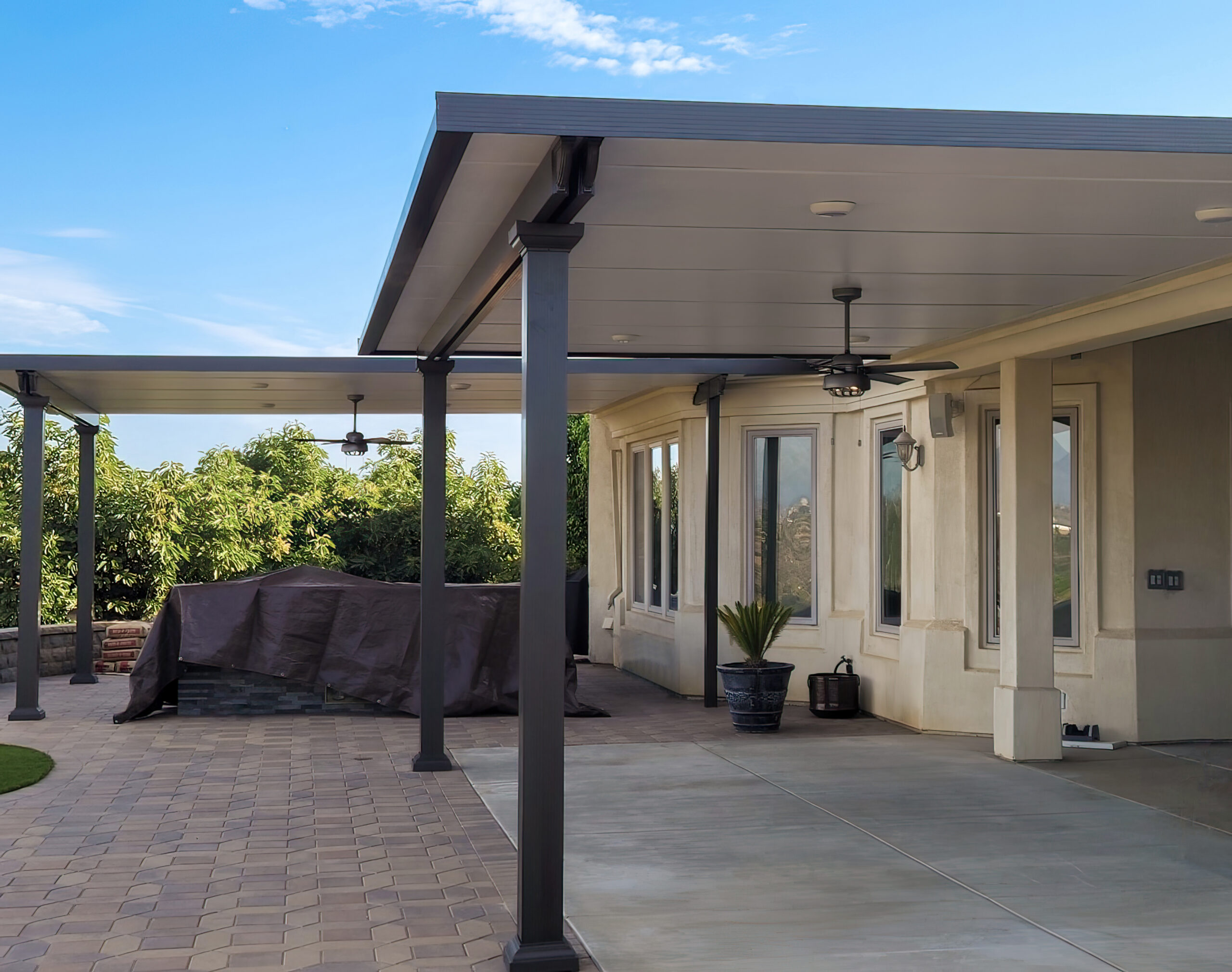 Pavilion, Studio Roof, Attached, Florentine Columns, Bronze, Outside View, Daytime