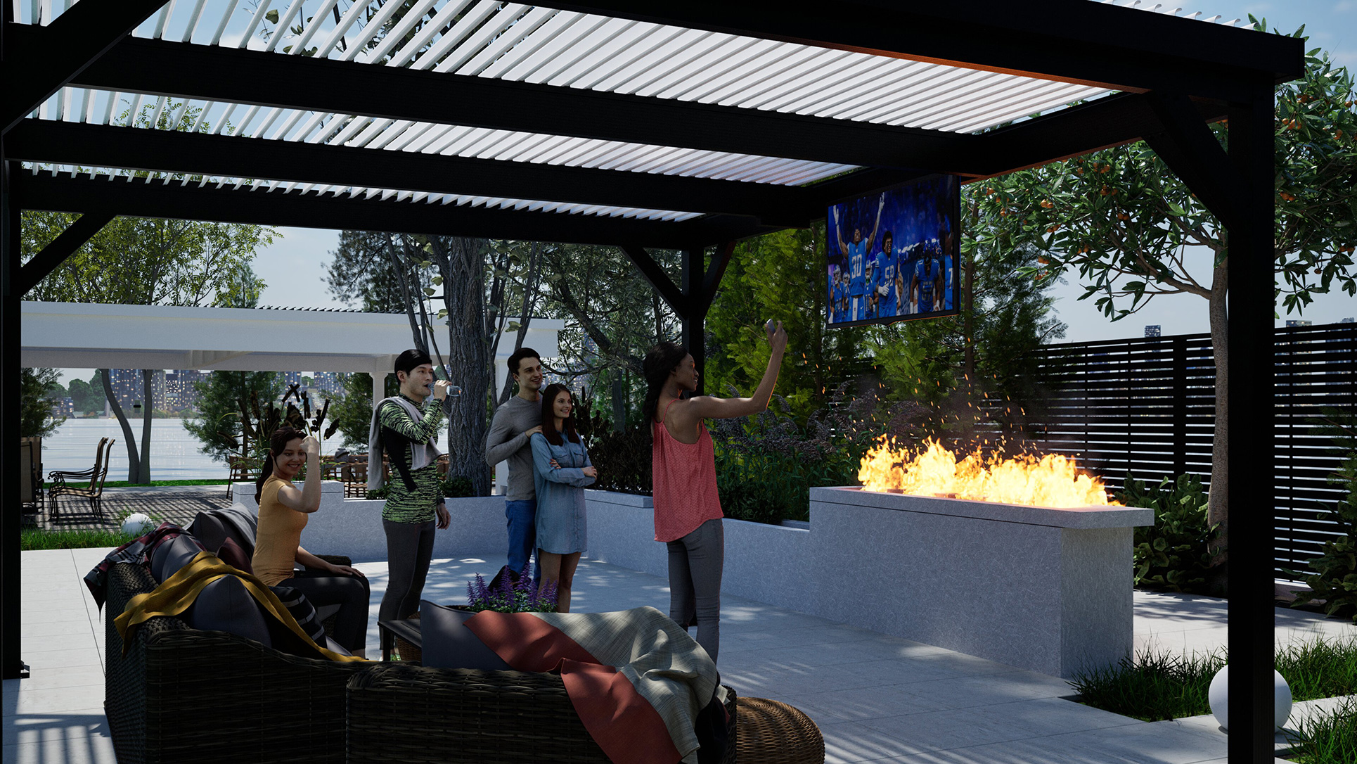 Pergola, Free Standing, Florentine Columns, Bronze, White, Outside View, Daytime