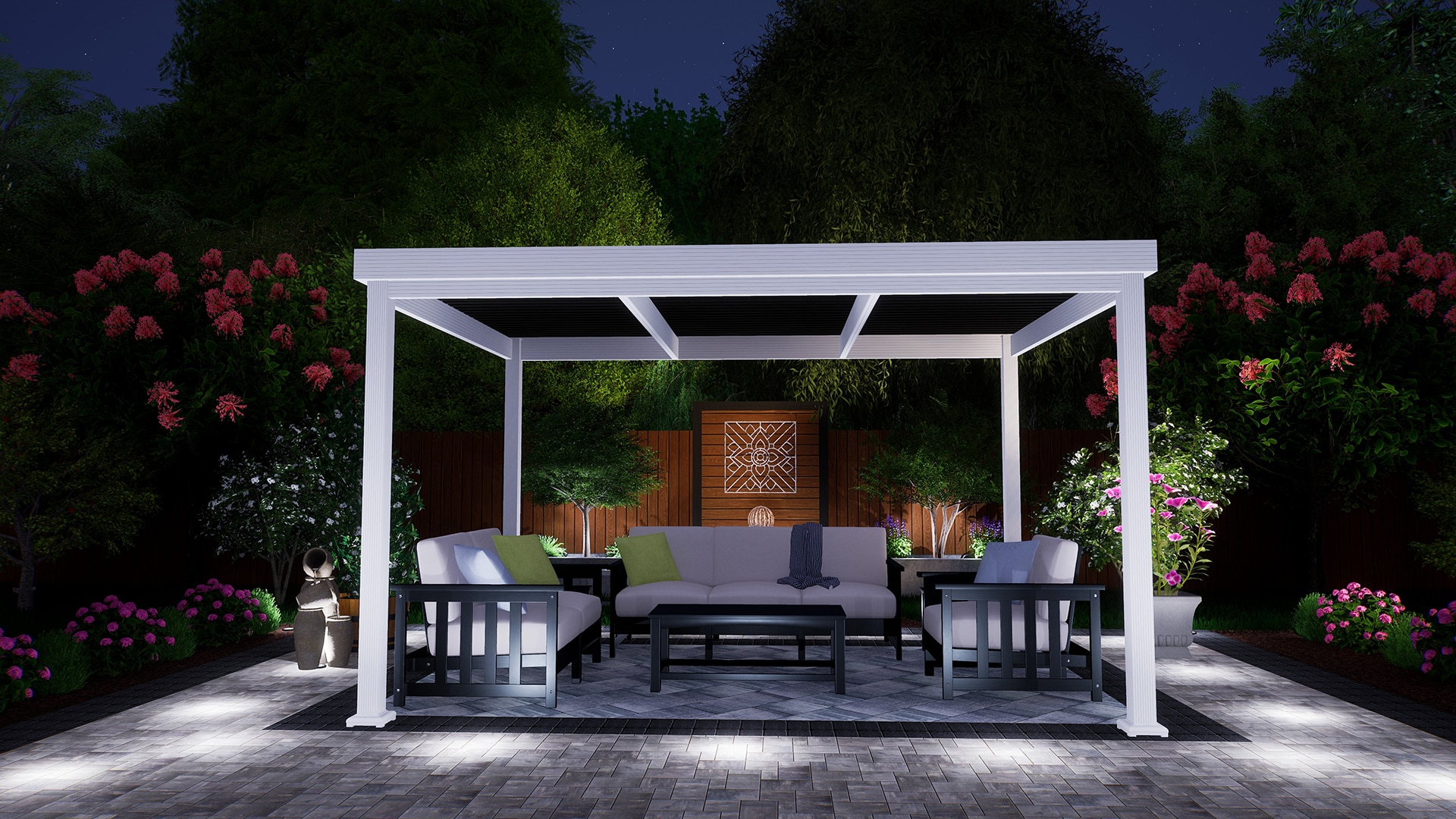 Pergola, Free Standing, Roma Columns, White, Bronze, Outside View, Daytime