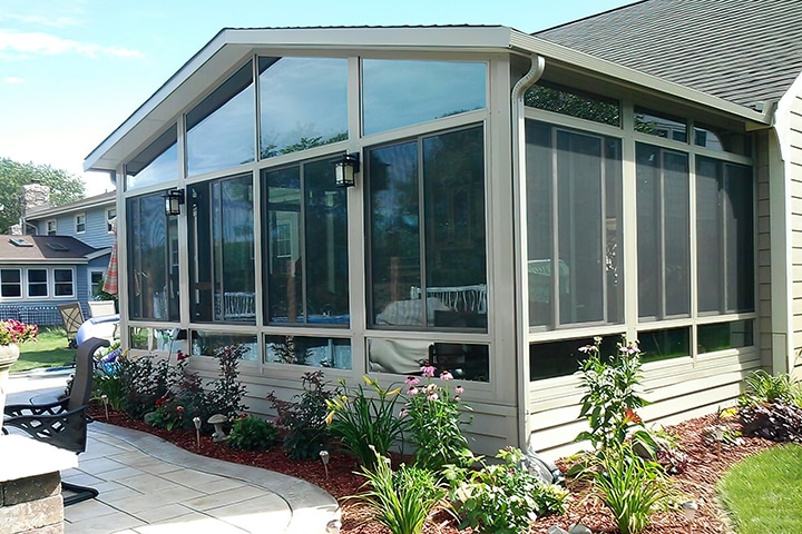 Sunroom, Cathedral Roof, Vista View  Walls, Signature Wall System, Upper Transoms, Lower Transoms, Sandstone, Outside View, Daytime